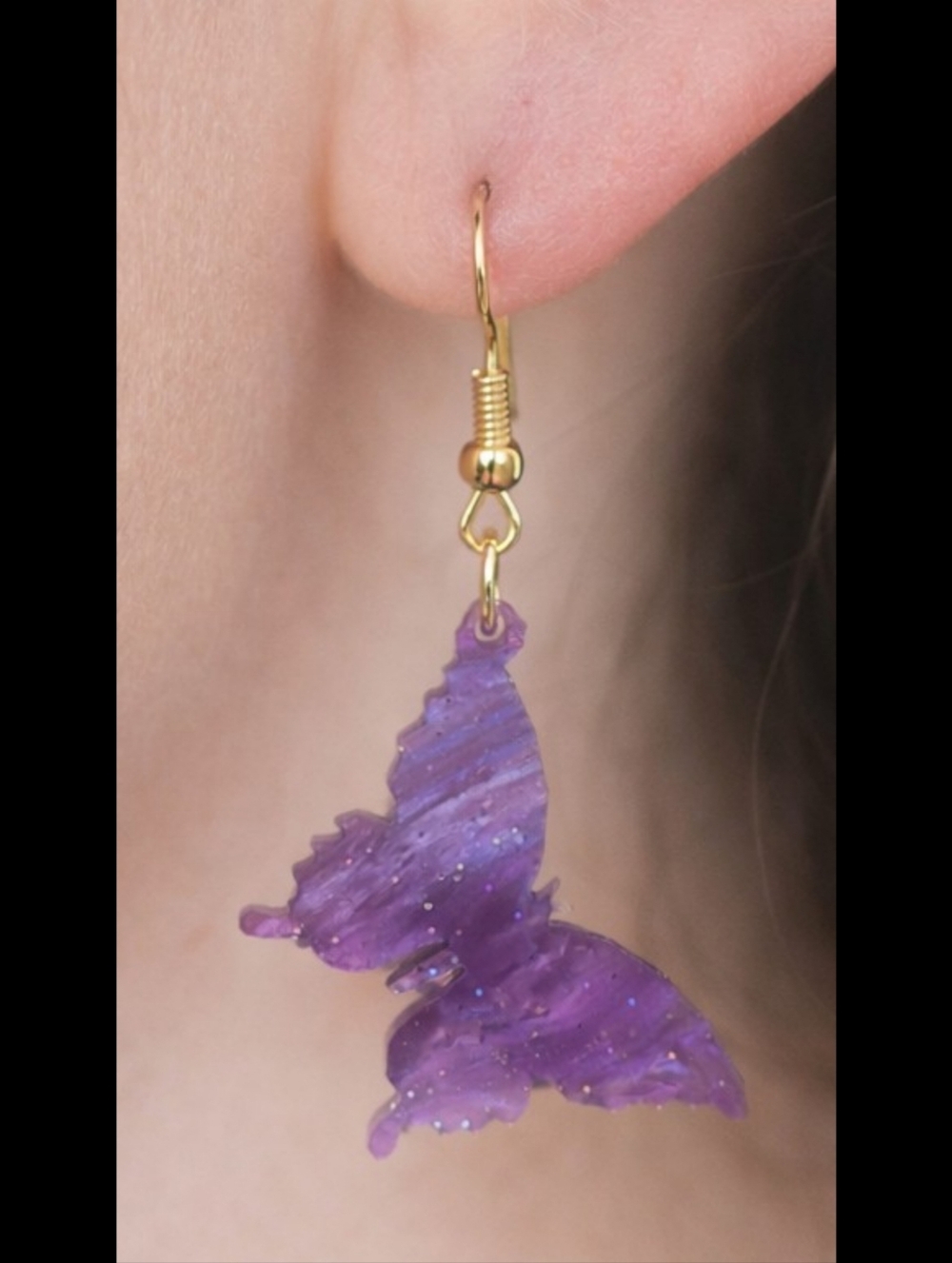 Purple Butterfly Earrings Dangle Lightweight Sparkly Earrings - Picture 2 of 3